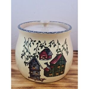 2000 Home And Garden Party Stoneware Cookie Jar/Bean‎ Pot with Lid Birdhouse
